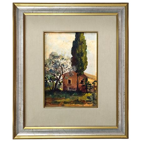 Pino  Romano (Caltagirone  1905 - 1978)  - Paesaggio di campagna con casa e albero