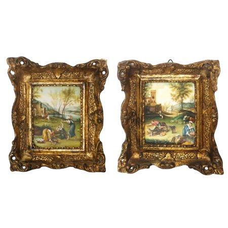Coppia di dipinti raffiguranti scene di vita quotidiana