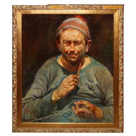 Pescatore che rimaglia la rete