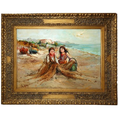 Fanciulli che rimagliano la rete da pesca