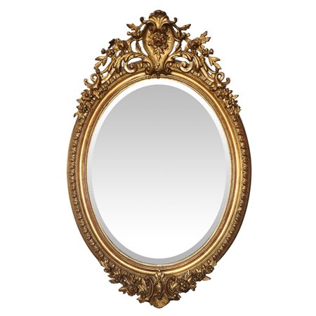 Specchiera francese ovale in cornice dorata in pastiglia con cimasa