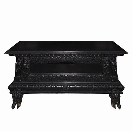 Cassapanca neorinascimentale in legno nero ebanizzato