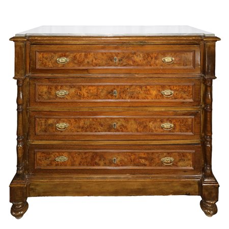 Cassettone in radica di noce 4 cassetti con colonne ai lati