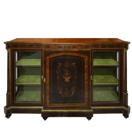 Etagere in legno di mogano con intarsi sul fronte