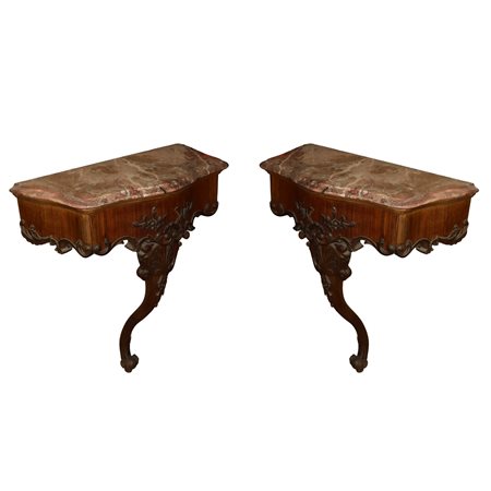 Coppia di consolle/comodini da muro con marmo rosso al piano