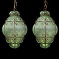 Coppia di lanterne da esterno in vetro di Murano verde con dettagli in metallo 