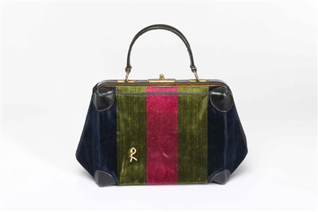 Roberta di Camerino: borsa a mano in velluto a bande blu, verde e ciliegia,...