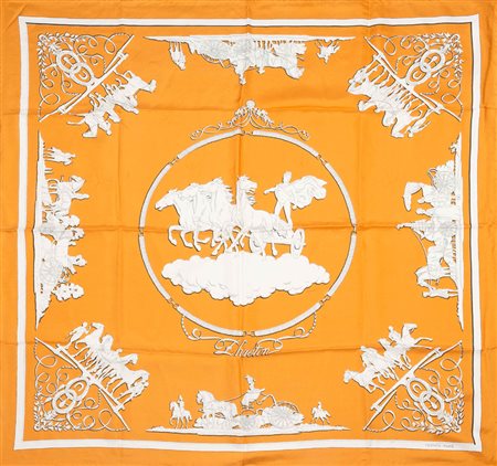 Hermes Paris: foulard in seta stampa "Phaeton", su fondo arancione, Philippe...