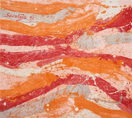 Scialoja 91: foulard in seta sui toni dell'arancio, rosa, rosso e grigio