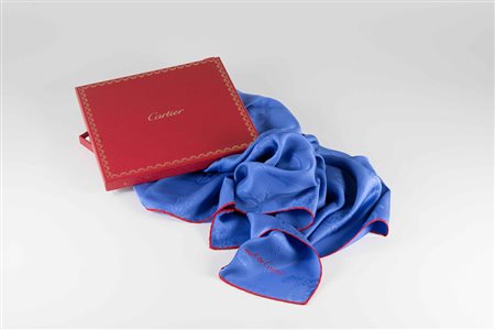 Cartier: foulard in seta blu con profilo rosso, in scatola originale
