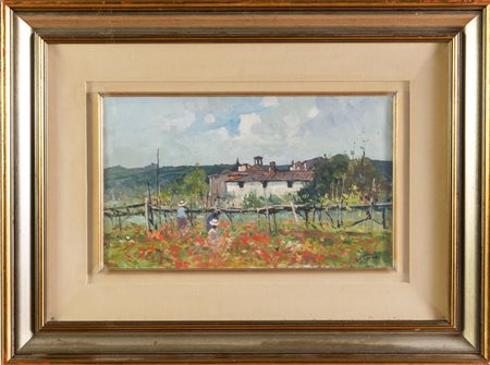 Osvaldo Curandai (Firenze 1931 - Rignano 2019), "Lavori al vigneto (Val d'Arno)", 1975.