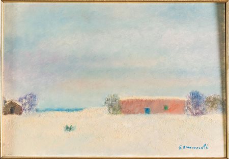 Giovanni Omiccioli (Roma 1901 - Roma 1975), "Capanno e casa sulla neve".
