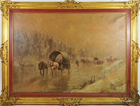 Pittore del 20° secolo, Splendida "Scena con carrozza trainata da cavalli",...