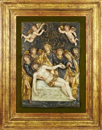 Artista del 16° secolo, Interessante rilievo in legno policromo di scuola...