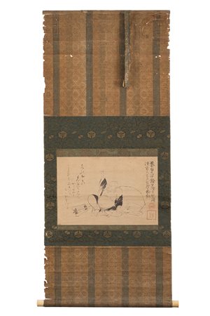 Dipinto raffigurante Budai seduto con espressione gioviale, con iscrizioni e...