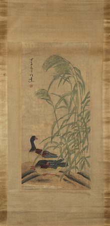 Dipinto su scroll verticale con due anatre tra le foglie, con iscrizione e...