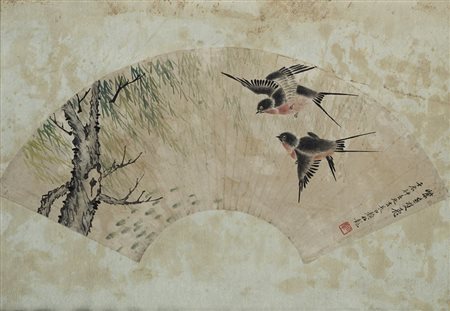 Due dipinti su fogli di ventaglio raffiguranti uccelli e rami fioriti, con...