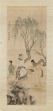 Dipinto raffigurante un letterato e servitori sotto ad un salice, con...