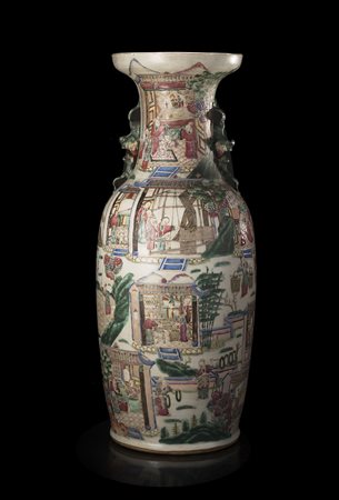 Vaso a balaustro in porcellana Famiglia Rosa con anse a leoni buddhisti,...