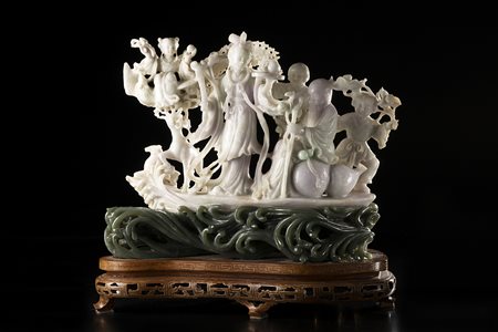 Gruppo scultoreo in giadeite composto da Shoulao e Xi Wangmu su una zattera...