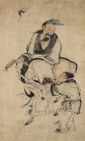 Dipinto su scroll verticale con Immortale Taoista Zhongli Quan accompagnato...