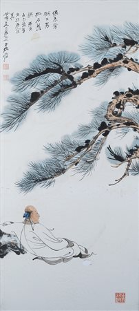 Dipinto raffigurante un poeta sotto i rami di un albero di pino, con...