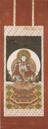 Dipinto raffigurante un Bodhisattva con corona e gioielli, seduto su...