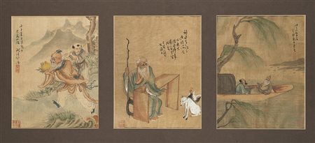 Tre dipinti raffiguranti un Immortale con servitori in scene di paesaggio,...