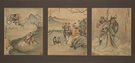 Tre dipinti raffiguranti un Immortale con servitori in scene di paesaggio,...