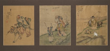 Tre dipinti raffiguranti un Immortale con servitori in scene di paesaggio,...