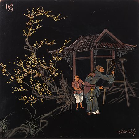 Quattro pannelli laccati in nero con decorazione incisa in policromia...