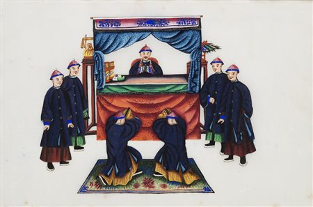 Quattro dipinti su carta di riso, raffiguranti scene di ufficiali e...