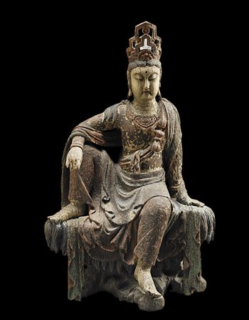 Grande Bodhisattva in legno intagliato e colorato, in stile Ming, raffigurato...