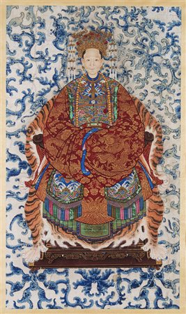 Ritratto imperiale di una imperatrice cinese, riccamente vestita con preziosi...