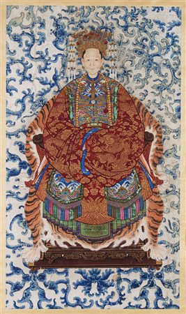 Ritratto imperiale di una imperatrice cinese, riccamente vestita con preziosi...