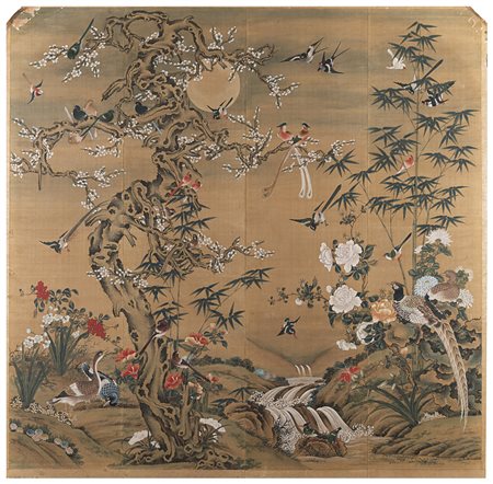 Pannello decorato con dipinti cinesi raffiguranti coppie di anatre mandarine...