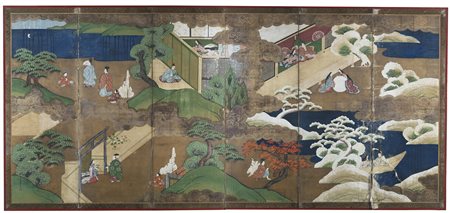 Paravento a sei ante raffigurante scene tratte dal romanzo Genji Monogatari,...
