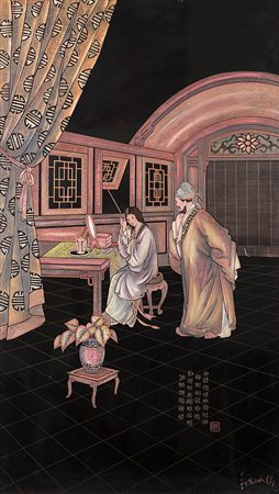 Grande pannello laccato e inciso, con decorazione in policromia raffigurante...