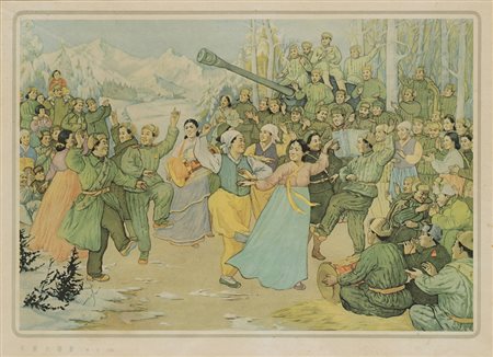 Quattro stampe propagandistiche a colori su carta, con scene di vita...