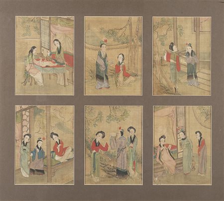 Sei dipinti raffiguranti eleganti dame in interni e giardini, con iscrizioni...