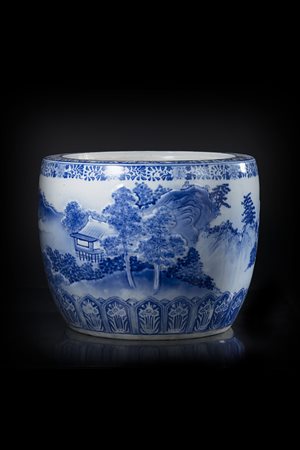 Braciere in porcellana bianca e blu decorato con paesaggio tra due bande...