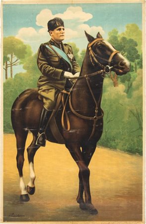  
stampa telata con Benito Mussolini a cavallo 
 50x78 cm