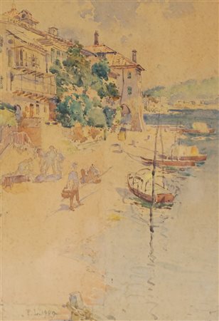 Scuola lombarda, inizio secolo XX - Scorcio di paese lacustre, 1909