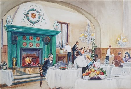 Aldo Raimondi (Roma 1902 - Milano 1998)  - Scena di interno con commensali al ristorante