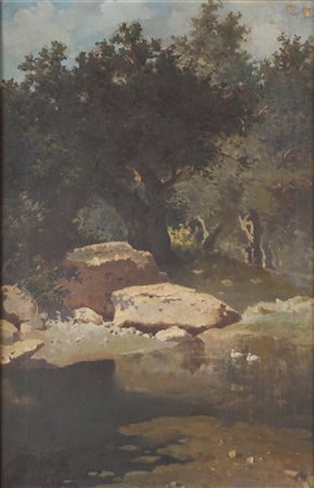 Anonimo seconda metà secolo XX - Paesaggio boschivo con torrente