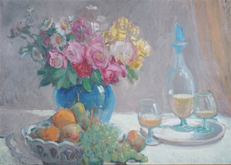 Anonimo di inizio XX secolo - Natura morta con vaso di fiori frutta e bottiglia