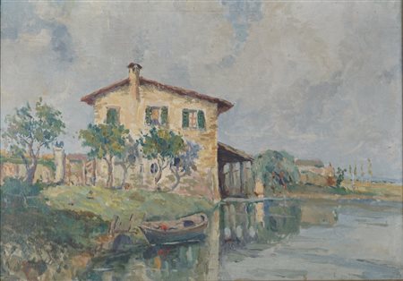 E. Della Rosa - Paesaggio lacustre con casale in primo piano
