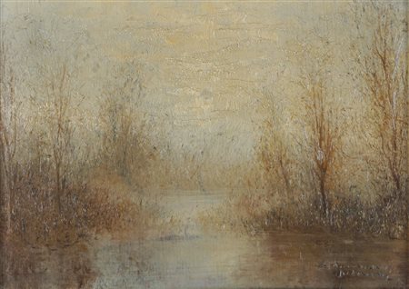 Emilio Sommariva (1883 - 1956)  - Scorcio di bosco con laghetto