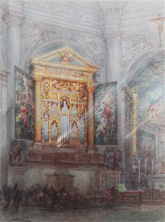 Luigi Curti (Milano 1899 - 1990)  - Interno della chiesa della passione Milano, 1970