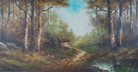 A. Riva - Paesaggio boschivo con laghetto